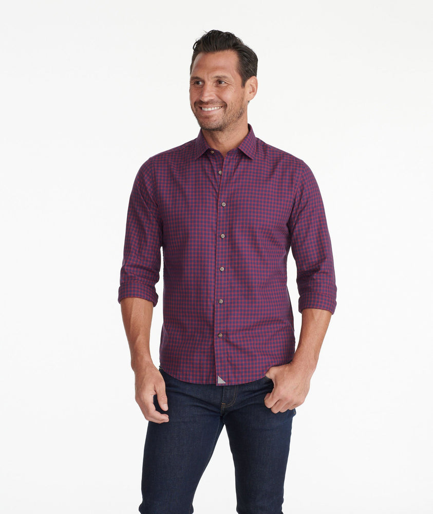 Model wearing a Navy Classic Cotton Andretti Shirt