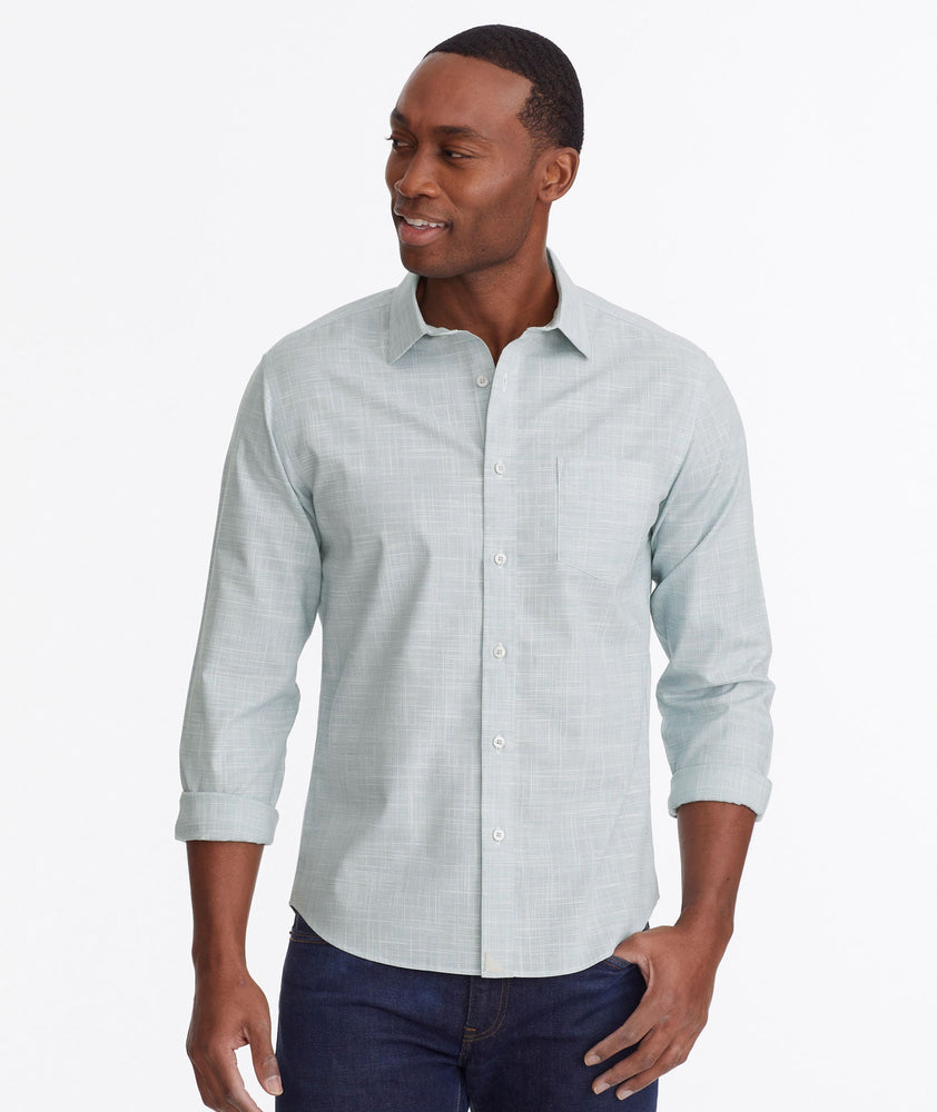Model wearing a Light Green Wrinkle-Free Avellino Shirt
