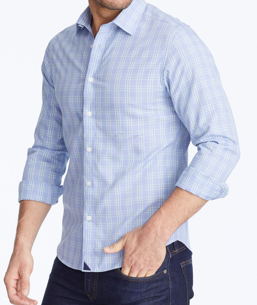 Model wearing a Blue Wrinkle-Free Basano Shirt