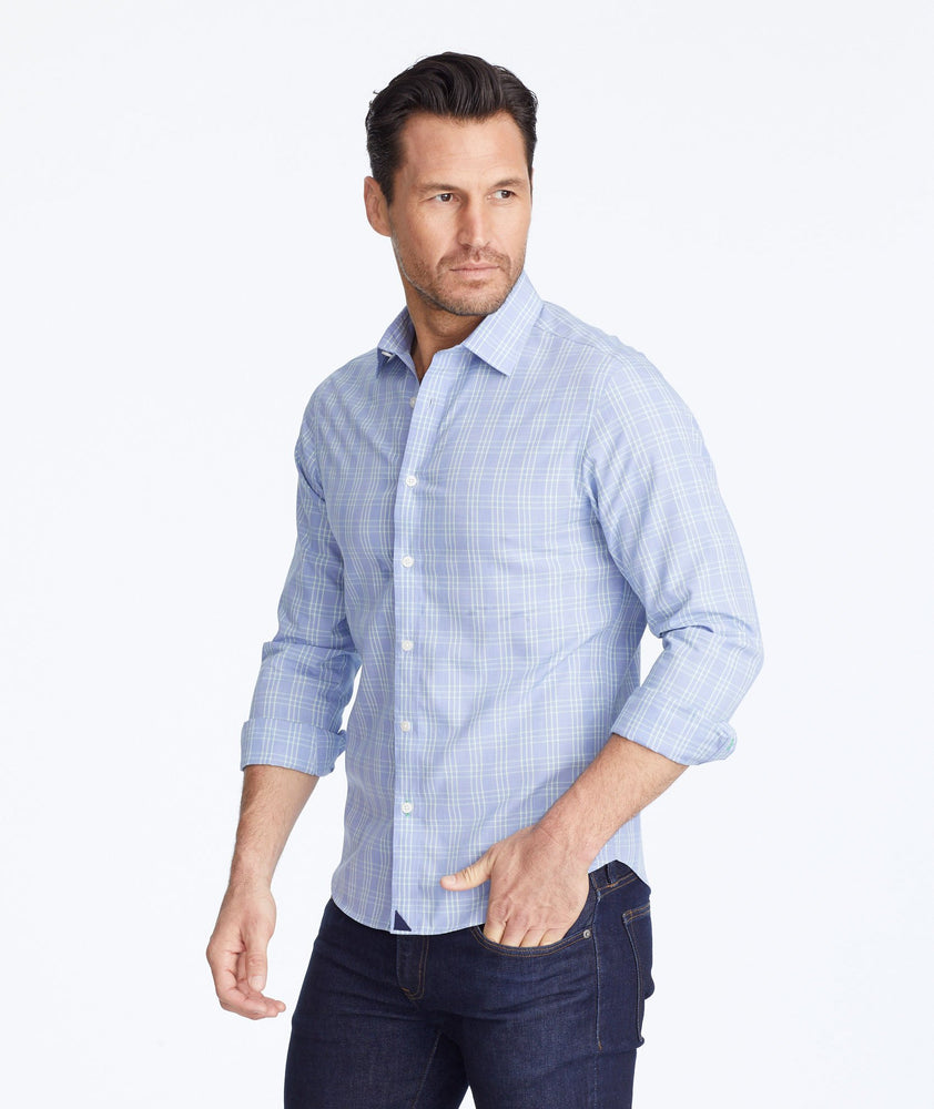 Model wearing a Blue Wrinkle-Free Basano Shirt