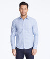 Model wearing a Blue Wrinkle-Free Basano Shirt