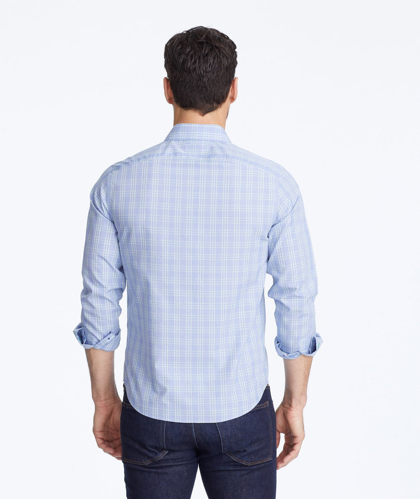 Model wearing a Blue Wrinkle-Free Basano Shirt