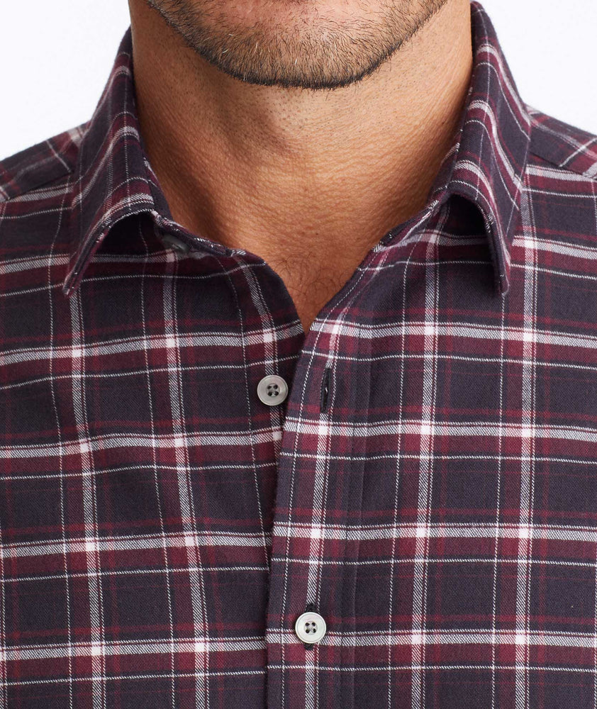 Model wearing a Dark Red Wrinkle-Free Performance Flannel Benoit Shirt