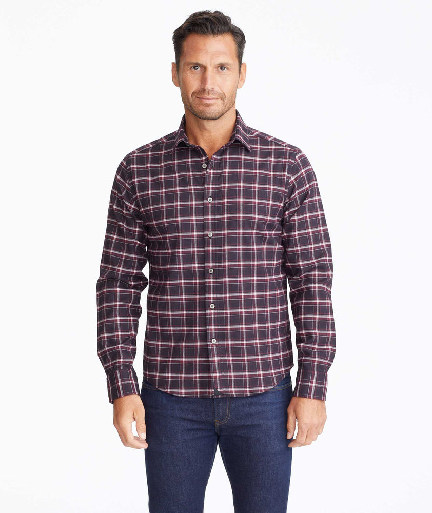 Model wearing a Dark Red Wrinkle-Free Performance Flannel Benoit Shirt