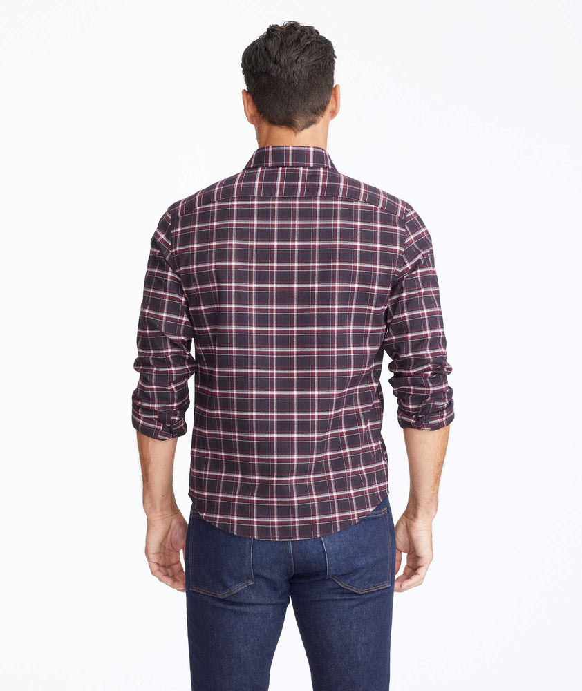 Model wearing a Dark Red Wrinkle-Free Performance Flannel Benoit Shirt