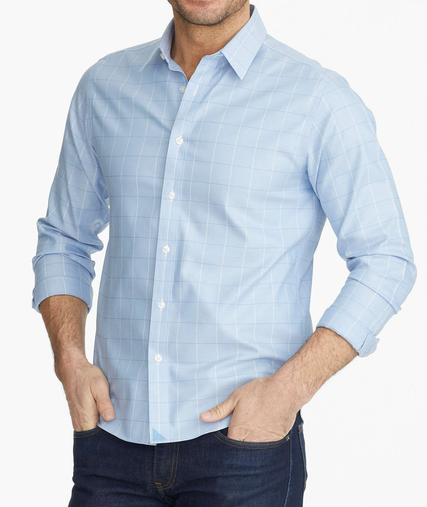 Model wearing a Blue Wrinkle-Free Blakeslee Shirt