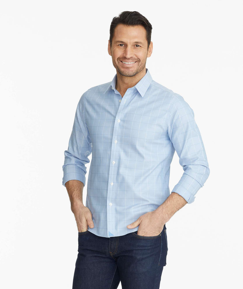 Model wearing a Blue Wrinkle-Free Blakeslee Shirt