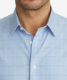 Model wearing a Blue Wrinkle-Free Blakeslee Shirt
