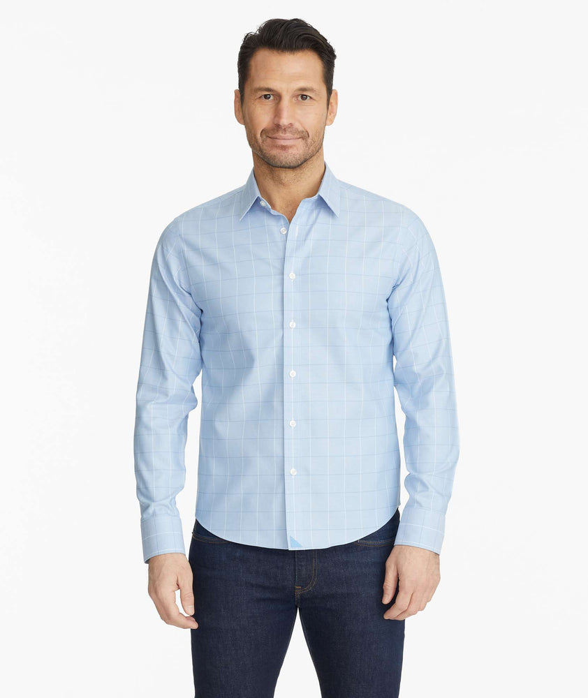 Model wearing a Blue Wrinkle-Free Blakeslee Shirt