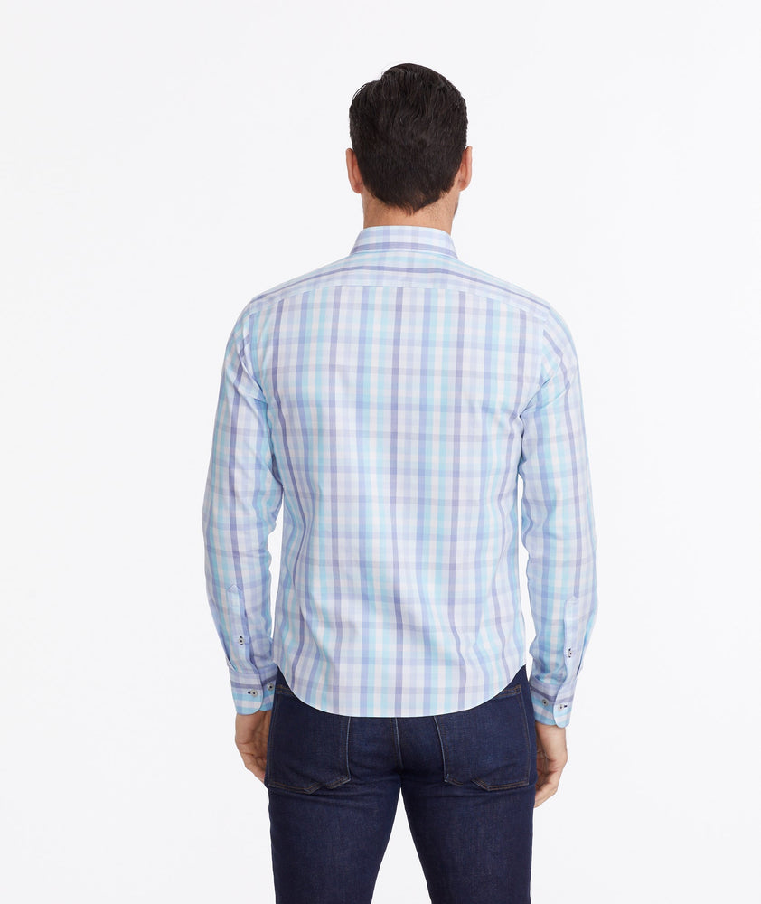 Model wearing a Blue Wrinkle-Free Canaletto Shirt