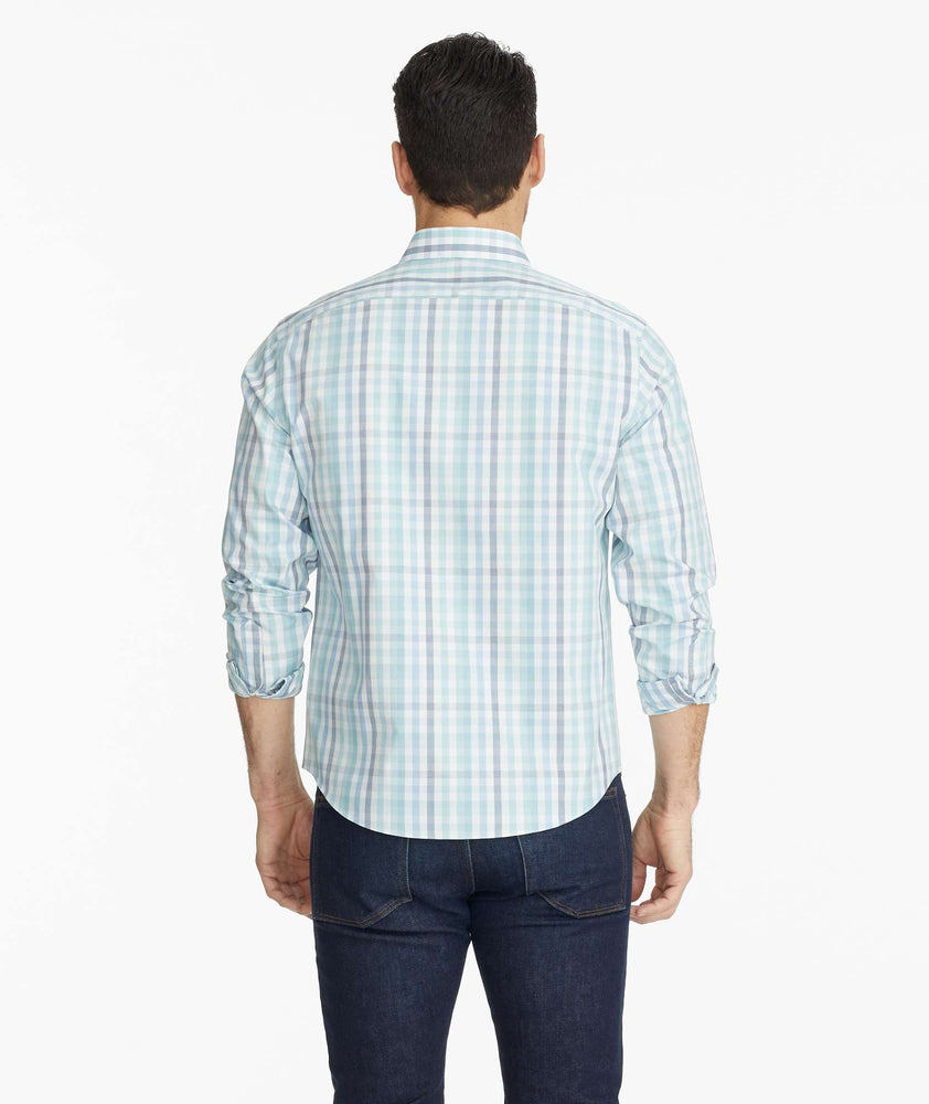 Model wearing a Navy Wrinkle-Free Castano Shirt