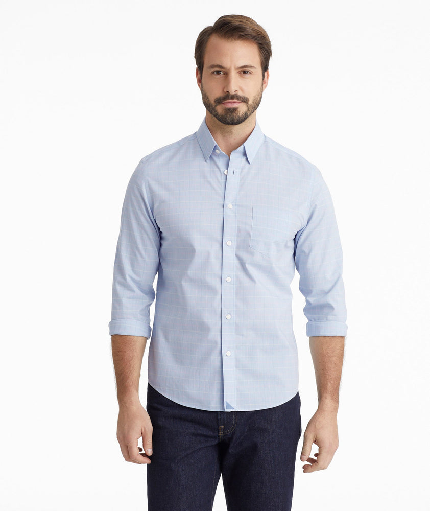 Model wearing a Blue Wrinkle-Free Charly Shirt