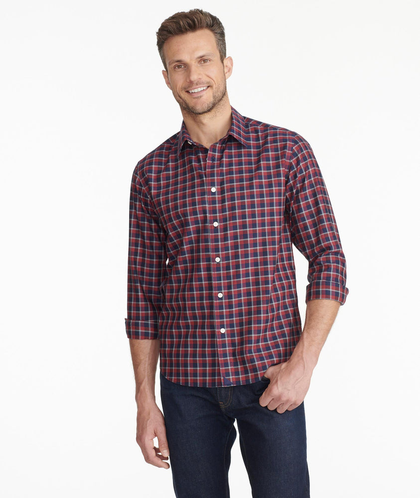 Model wearing a Navy Wrinkle-Free Cheny Shirt