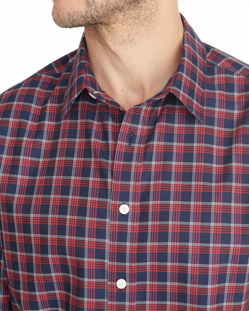 Model wearing a Navy Wrinkle-Free Cheny Shirt