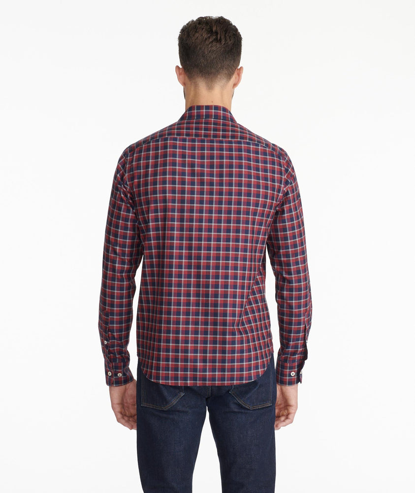 Model wearing a Navy Wrinkle-Free Cheny Shirt