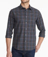 Model weating a Navy Wrinkle-Free Cordero Shirt