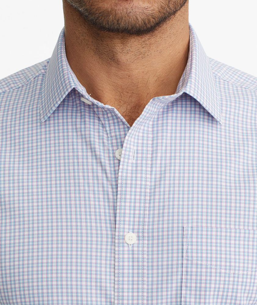 Model wearing a Pink Wrinkle-Free Performance Dalton Shirt