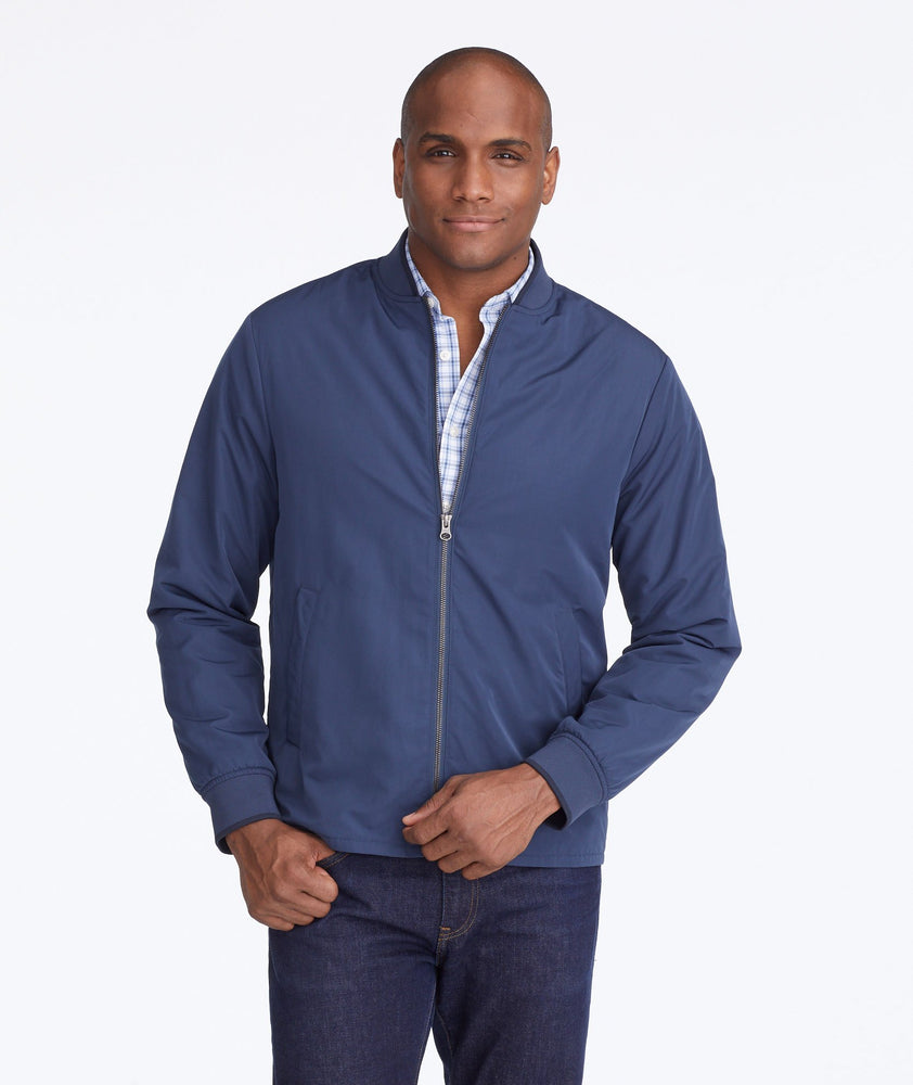 Model wearing a Navy Bomber Jacket