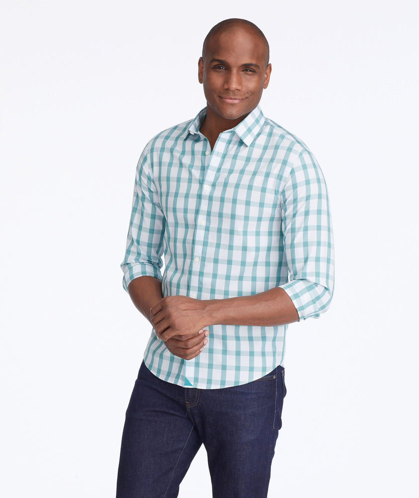 Model wearing a Green Wrinkle-Free Keaton Shirt