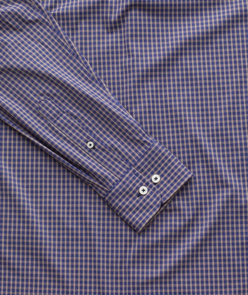 Model wearing a Navy Wrinkle-Free Performance Larkin Shirt