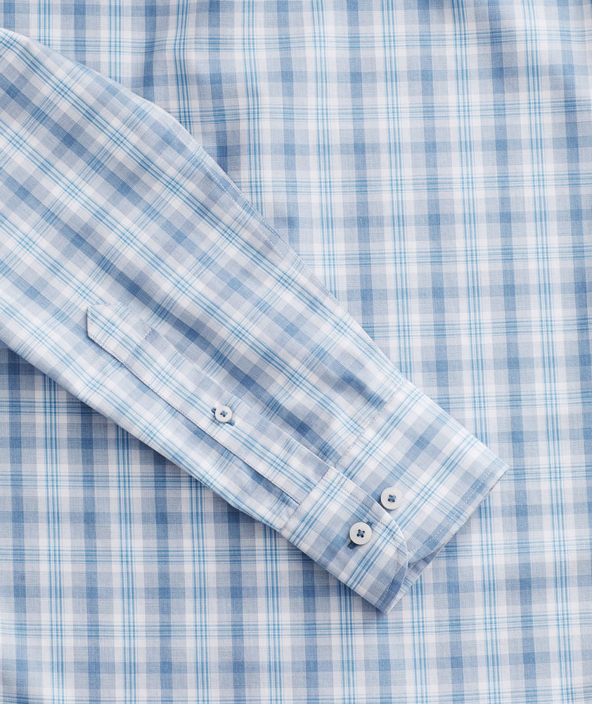 Model wearing a Mid Blue Wrinkle-Free Mantanzas Shirt