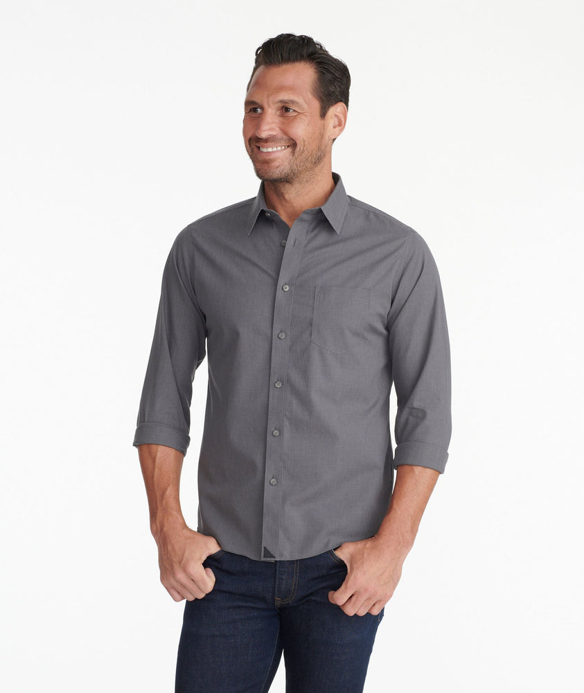Model wearing a Grey Wrinkle-Free Marcasin Shirt