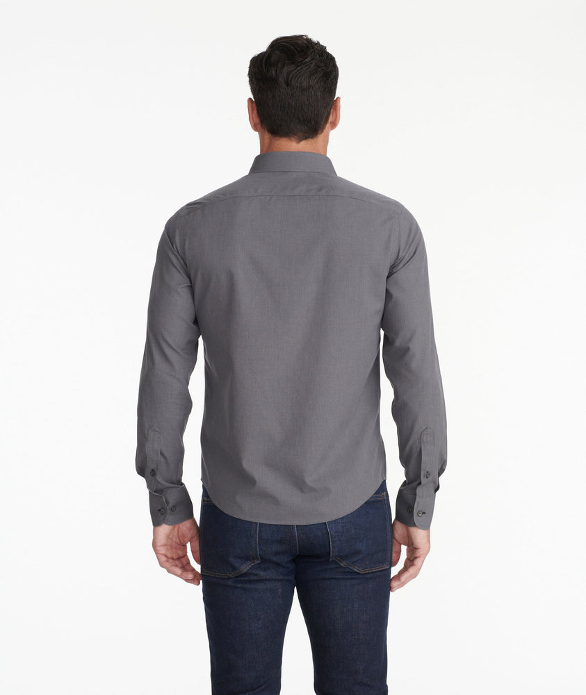 Model wearing a Grey Wrinkle-Free Marcasin Shirt