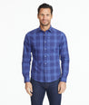 Model wearing a Blue Wrinkle-Free Marques Shirt
