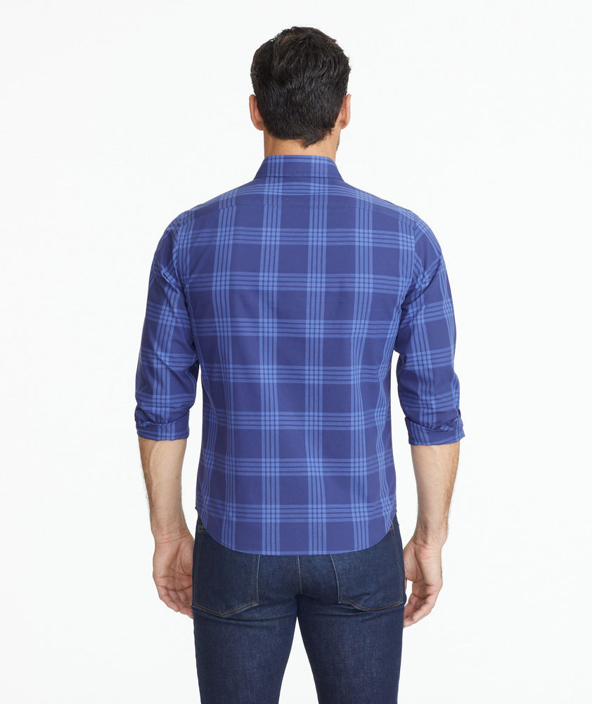 Model wearing a Blue Wrinkle-Free Marques Shirt