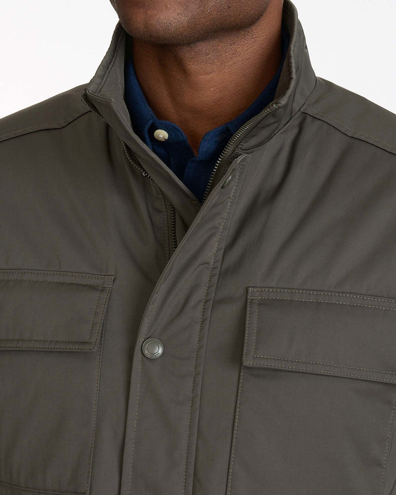 Model wearing a Grey Water-Repellent Utility Jacket