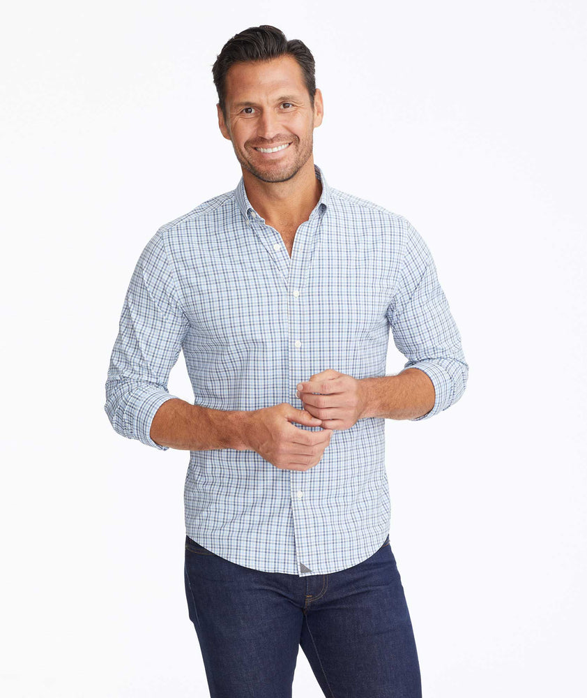 Model wearing a Blue Wrinkle-Free Performance Nahad Shirt