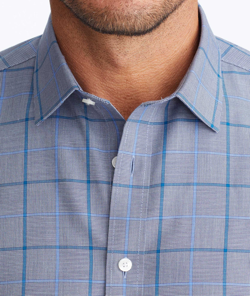 Model wearing a Navy Wrinkle-Free Ortman Shirt