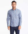 Model wearing a Navy Wrinkle-Free Ortman Shirt