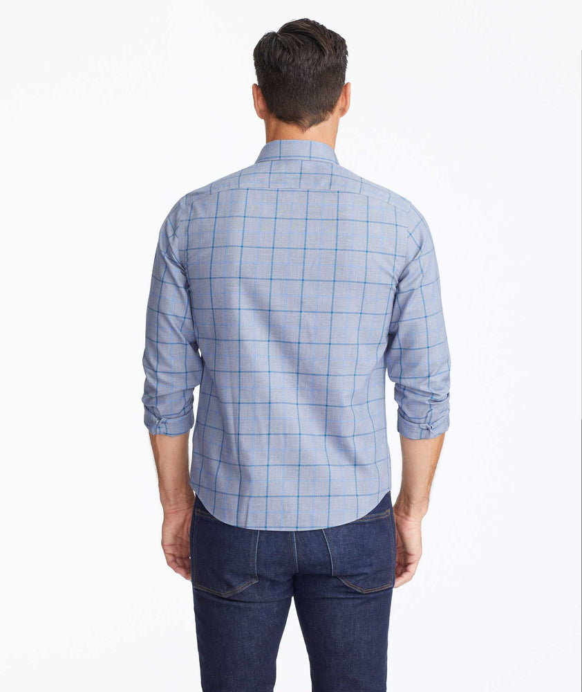 Model wearing a Navy Wrinkle-Free Ortman Shirt