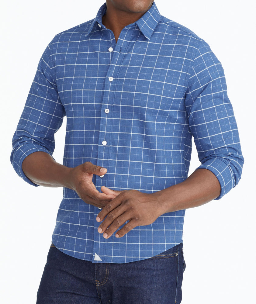 Model wearing a Blue Wrinkle-Free Performance Flannel Shirt