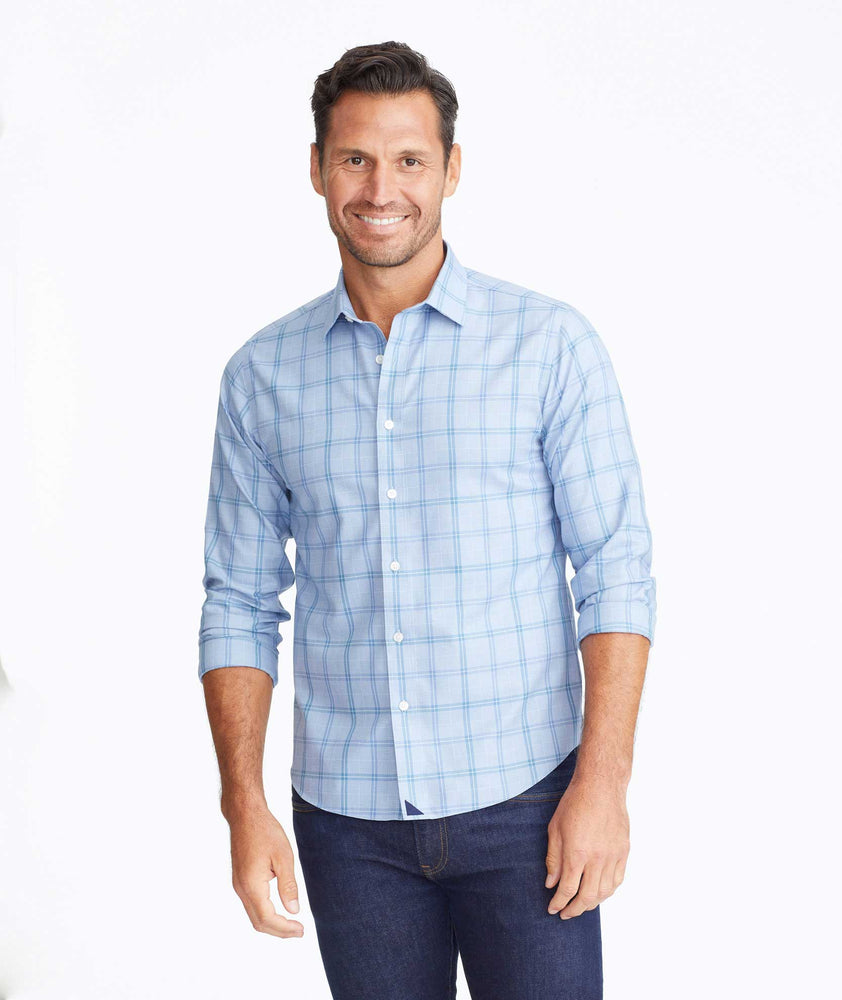 Model wearing a Blue Wrinkle-Free Rodano Shirt