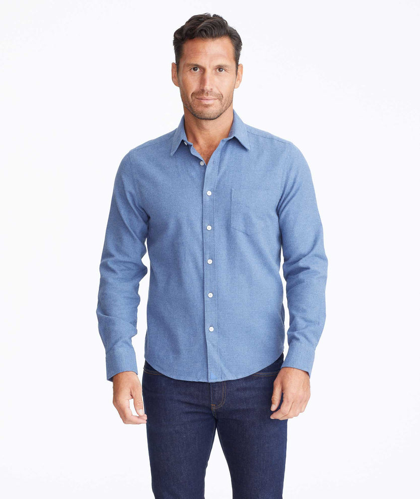 Model wearing a Mid Blue Flannel Sherwood Shirt