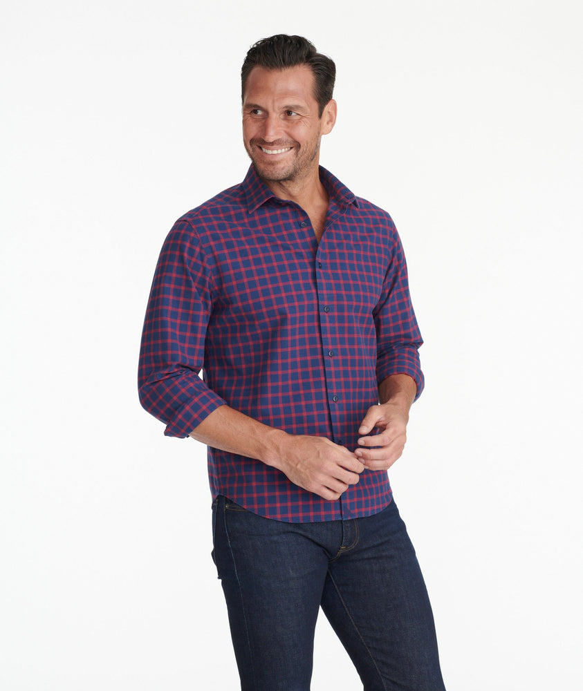 Model weating a Navy Flannel Veldenzer Shirt