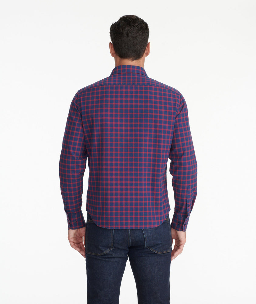 Model weating a Navy Flannel Veldenzer Shirt