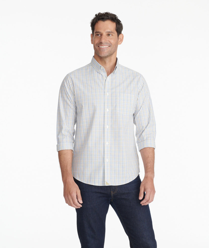 Model wearing a Navy Wrinkle-Free Verdanel Shirt