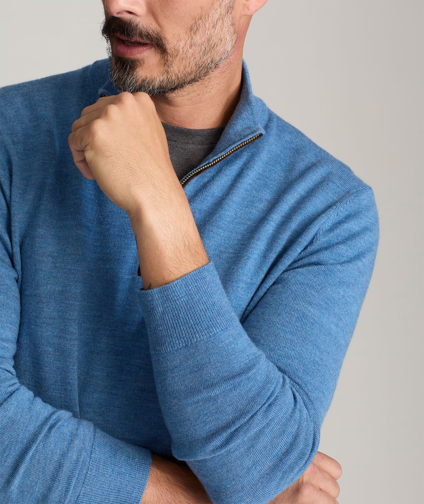 Merino Wool Quarter Zip Sweater Blue With Suede Placket UNTUCKit UK