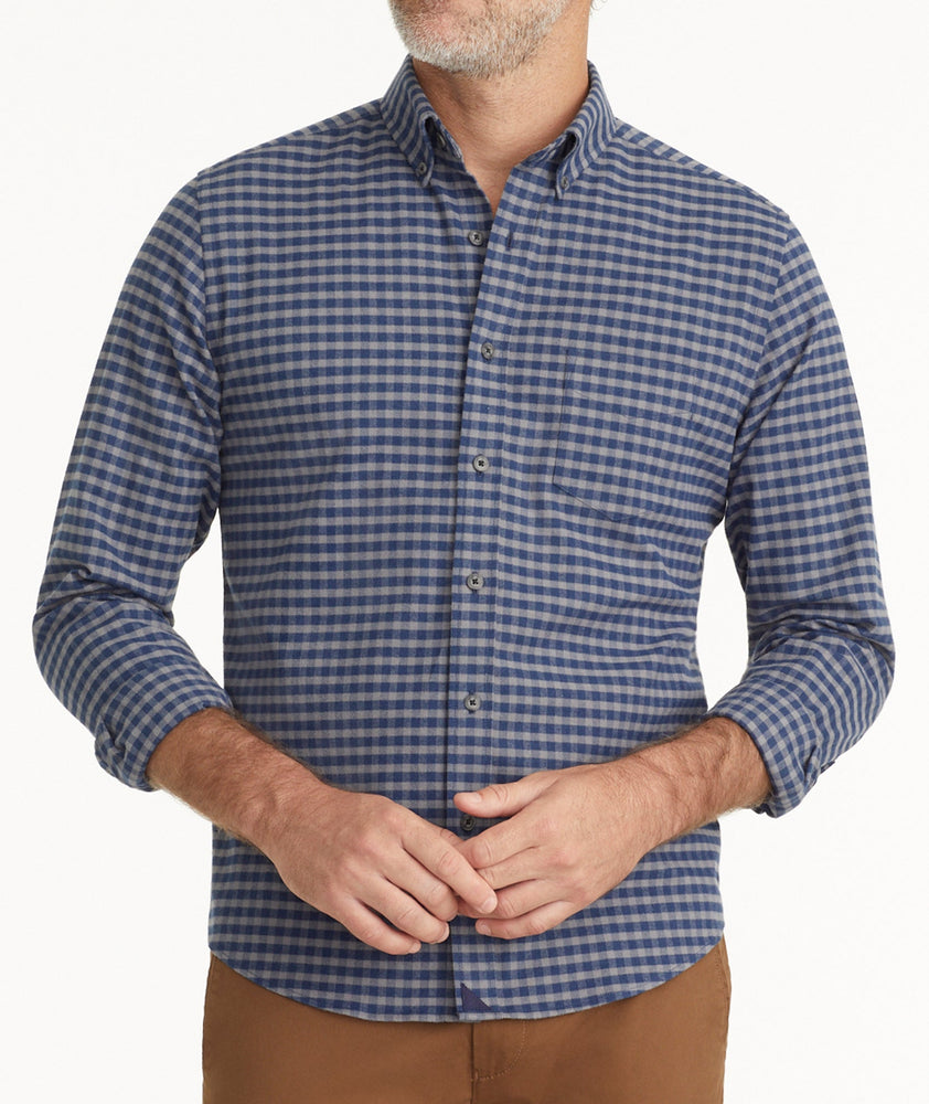 Model wearing a Blue Wrinkle-Free Performance Flannel Bergstrom Shirt
