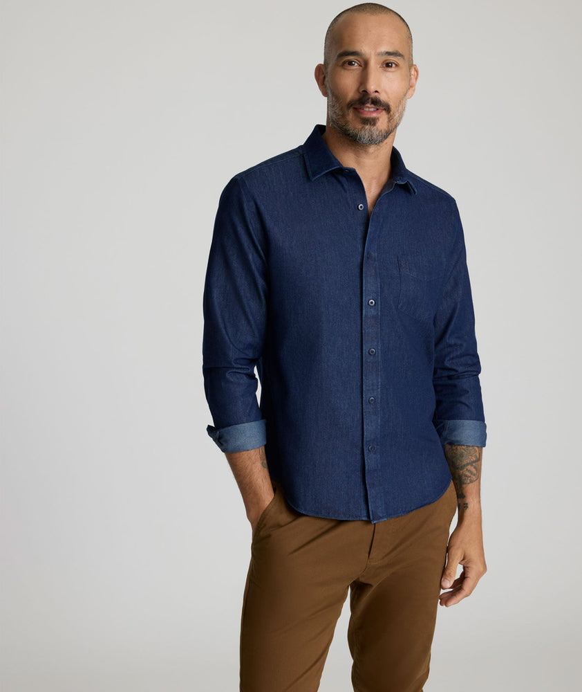 Model wearing a Mid Blue Wrinkle-Free Denim Cinzano Shirt