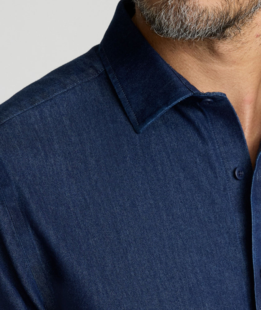 Model wearing a Mid Blue Wrinkle-Free Denim Cinzano Shirt