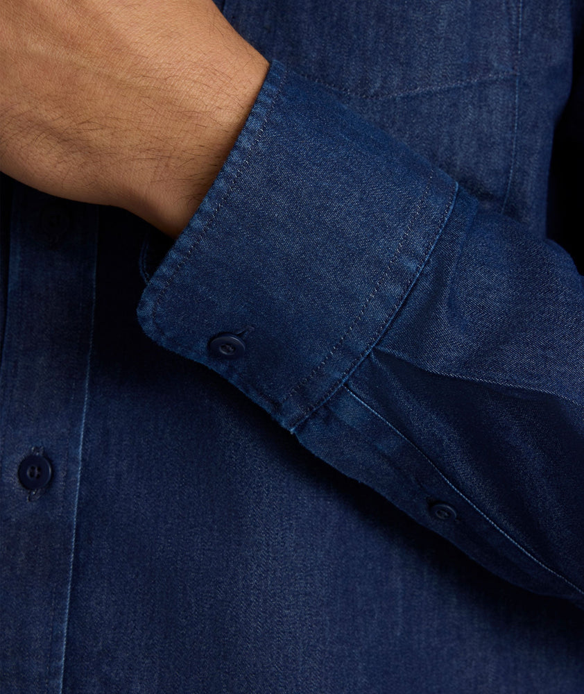 Model wearing a Mid Blue Wrinkle-Free Denim Cinzano Shirt