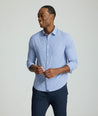 Model is wearing UNTUCKit Lafior Performance Shirt with Pocket. 