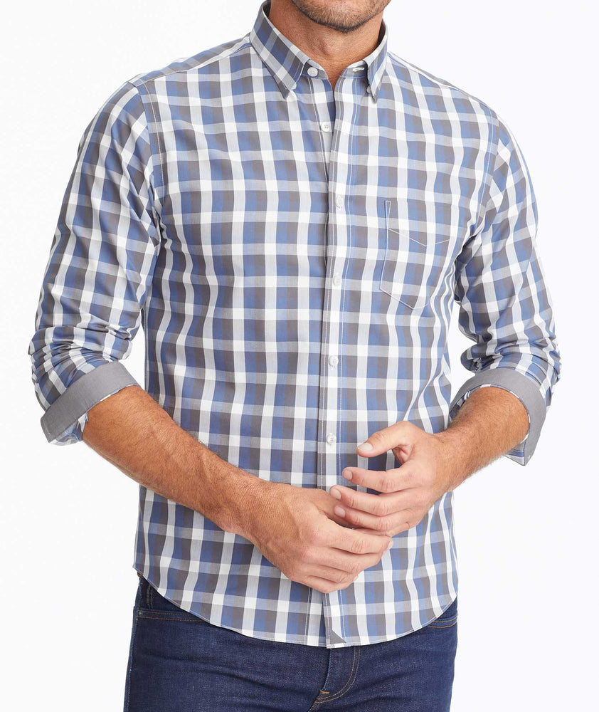 Model wearing a Blue Wrinkle-Free Altamura Shirt