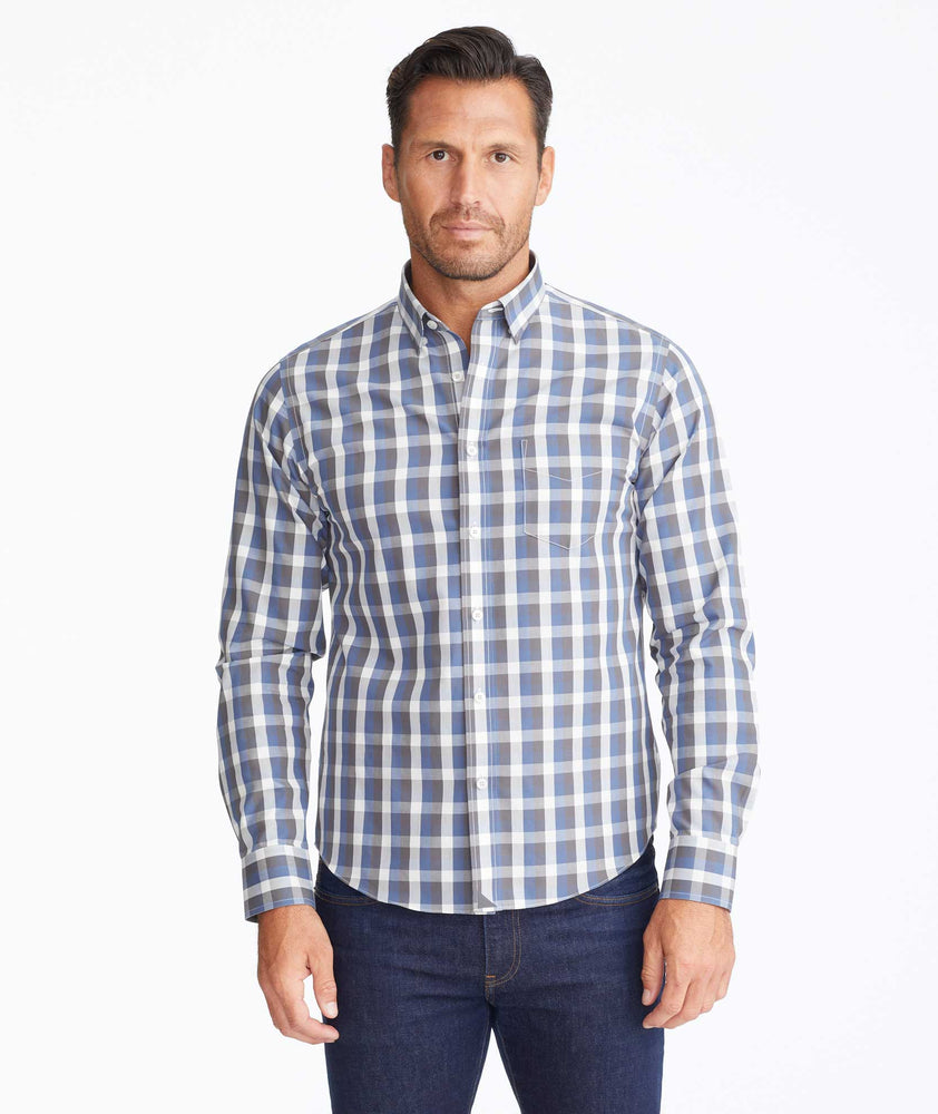 Model wearing a Blue Wrinkle-Free Altamura Shirt