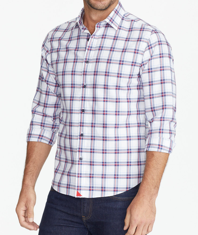 Model wearing a Red Lightweight Wrinkle-Free Flannel Baron Shirt