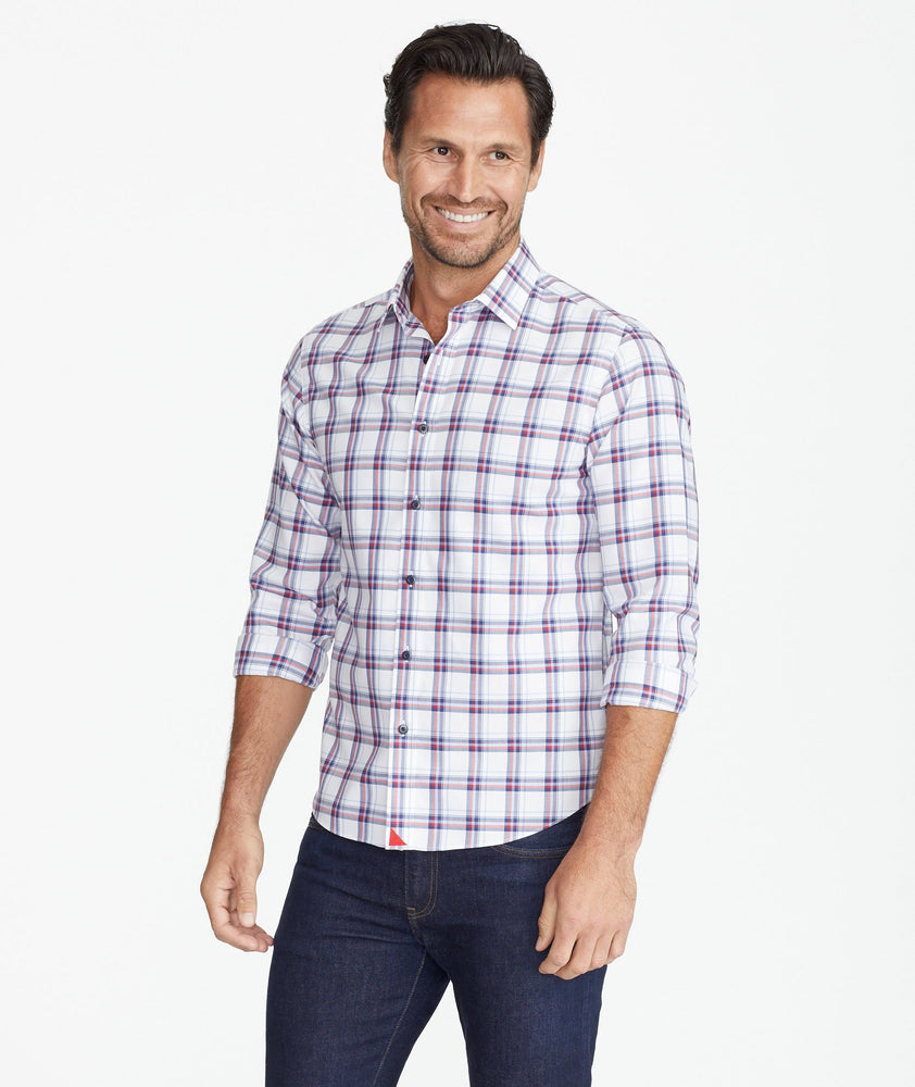 Model wearing a Red Lightweight Wrinkle-Free Flannel Baron Shirt
